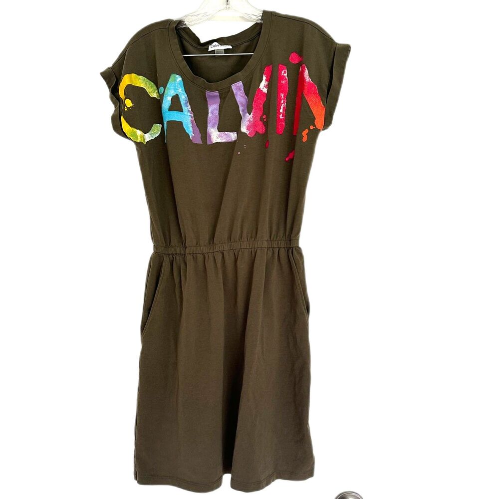 Calvin Klein Rainbow Logo Roll Sleeve Cinched Waist Dress Size M